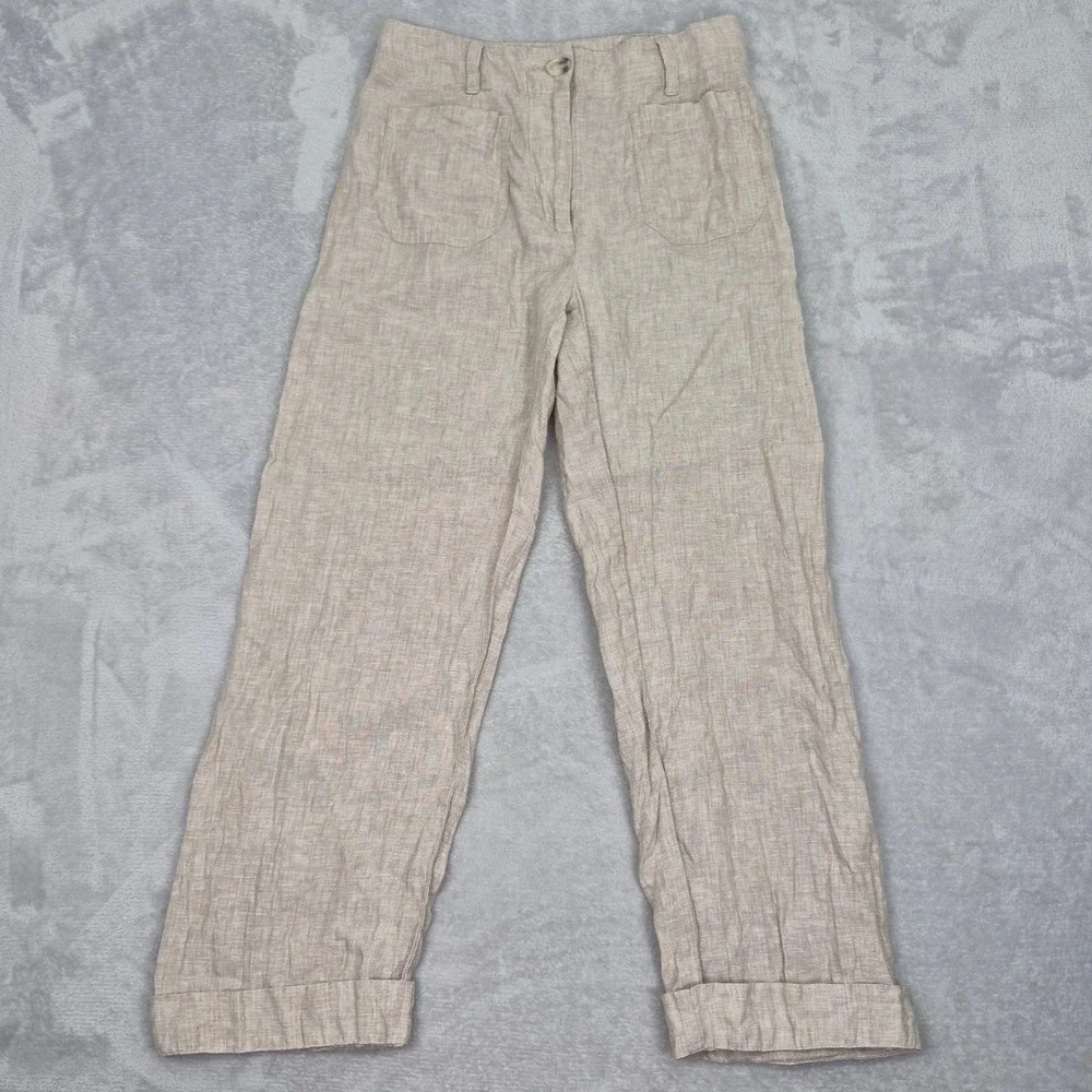 Quince Womens 100% European Linen Wide Leg Trouser Flax Beige Cuffed 2 Beachy